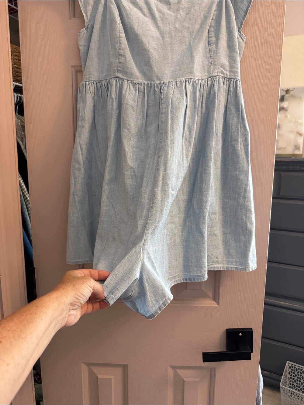 Light Wash Denim Romper with Flutter Straps - Picture 3 of 5